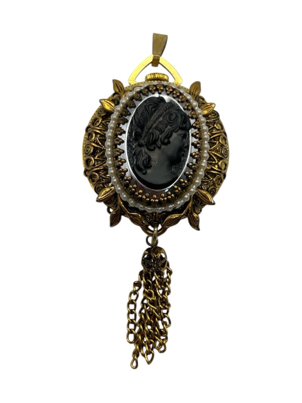 Lucerne manual pendant watch w Cameo lady silhouette gold tone tassel vintage